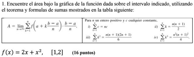 Solved Encuentre El Area Bajo Ia Grafica De La Fineion Dada Sobre El Intervalo Indicado Utilizando El Teorema Y Formulas De Sumas Mostrados En Ia Tabla Siguiente Ai Llra Pesitivo 2 Clul Aasg