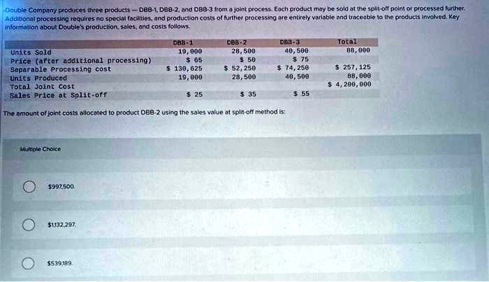 Double Company produces three products-DBB-1, DBB-2, and DBB-3 from a joint process. Each product may be sold at the split-off point or processed further.
Additional processing requires no special facilities, and production costs of further processing are entirely variable and traceable to the products involved. Key
information about Double's production, sales, and costs follows.
DBB-2
28,500
50
DB8-1
19,000 65
DB3-3
40,500
75 130,625
19,000
52,250
28,500 74,250
40,500
2535
55
Units Sold
Price (after additional processing)
Separable Processing cost
Units Produced
Total Joint Cost
Sales Price at Split-off
The amount of joint costs allocated to product DBB-2 using the sales value at split-off method is:
Multiple Choice997,500
1,132,297,539,189.