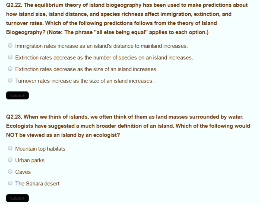 SOLVED: Q2.22. The equilibrium theory of island biogeography has been ...