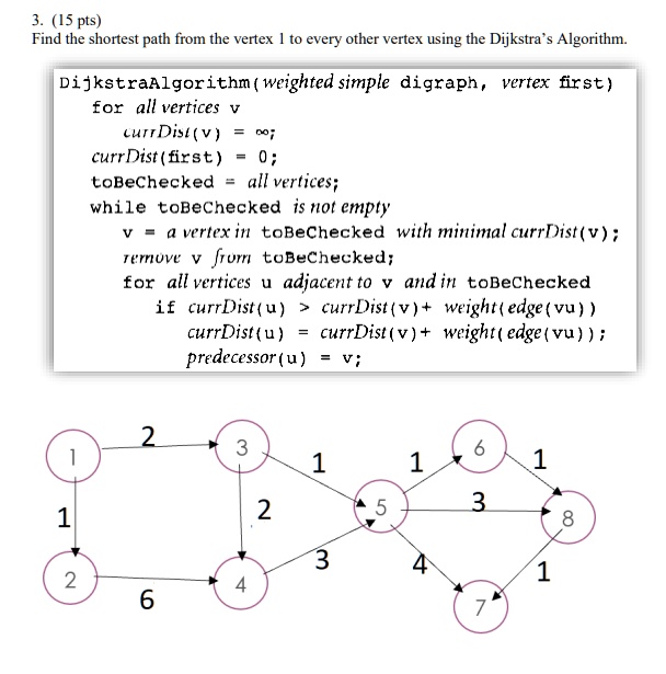 SOLVED: 3. (15 pts) Find the shortest path from the vertex 1 to every ...