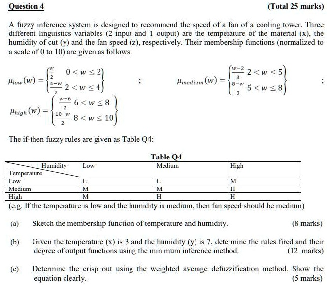 A fuzzy inference system is designed to recommend the speed of a fan of a cooling tower. Three different linguistics variables (2 input and 1 output) are the temperature of the material (x), the humidity of cut (y) and the fan speed (z), respectively. Their membership functions (normalized to a scale of 0 to 10) are given as follows:

?low(w) =  w/2, 0 < w ? 2; (4-w)/2, 2 < w ? 4 

?medium(w) =  (w-2)/3, 2 < w ? 5; (8-w)/3, 5 < w ? 8 

?high(w) =  (w-6)/2, 6 < w ? 8; (10-w)/2, 8 < w ? 10 

The if-then fuzzy rules are given as Table Q4:

Table Q4
Humidity: Low, Medium, High
Temperature Low: L, L, M
Temperature Medium: M, M, H
Temperature High: M, H, H
(e.g. If the temperature is low and the humidity is medium, then fan speed should be medium)

(a) Sketch the membership function of temperature and humidity. (8 marks)

(b) Given the temperature (x) is 3 and the humidity (y) is 7, determine the rules fired and their degree of output functions using the minimum inference method. (12 marks)

(c) Determine the crisp out using the weighted average defuzzification method. Show the equation clearly. (5 marks)