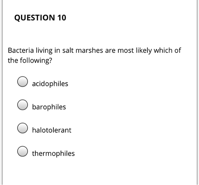 Bacteria living in salt marshes are most likely which of the following?

acidophiles
barophiles
halotolerant
thermophiles