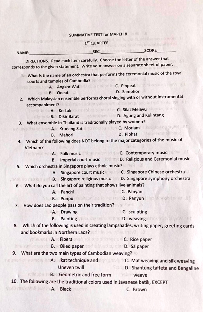 SOLVED: 'SUMMATIVE TEST FOR MAPEH 8 1ST QUARTER. SUMMATIVE TEST for ...