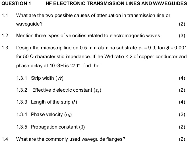 Texts QUESTION 1 HF ELECTRONIC TRANSMISSION LINES AND WAVEGUIDES 1.1