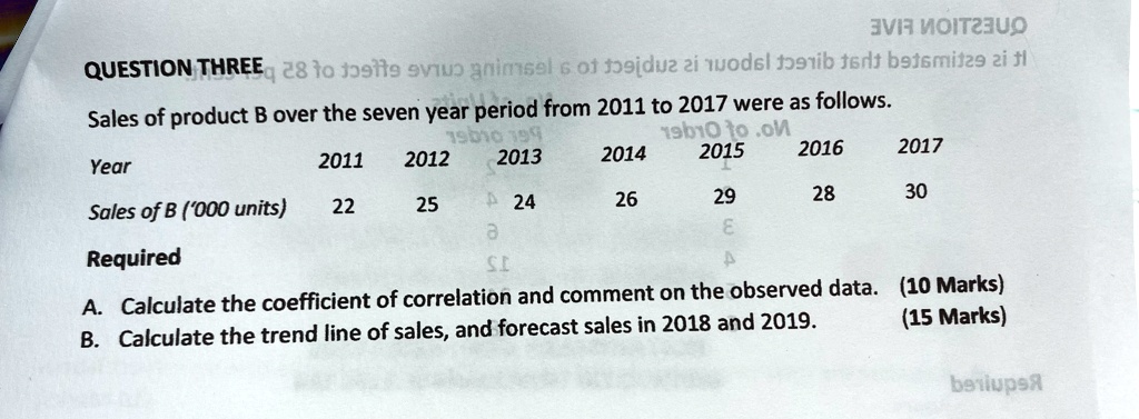 QUESTION THREE
Sales of product B over the seven year period from 2011 to 2017 were as follows.
Year
2011
2012
2013
2014
2015
2016
2017
Sales of B ('000 units)
22
25
24
26
29
28
30
Required
A. Calculate the coefficient of correlation and comment on the observed data. (10 Marks)
B. Calculate the trend line of sales, and forecast sales in 2018 and 2019. (15 Marks)