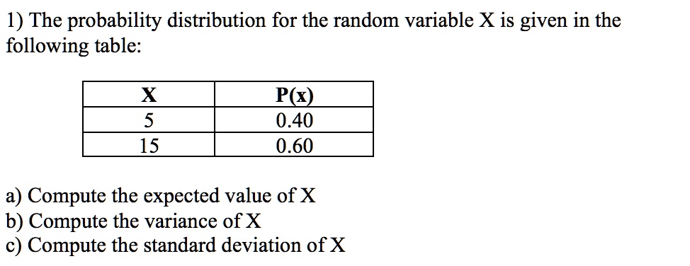 1) The probability distribution for the random variable X is given in the following table:

X | P(x)
5 | 0.40
15 | 0.60

a) Compute the expected value of X
b) Compute the variance of X
c) Compute the standard deviation of X