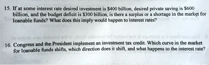 15. If at some interest rate desired investment is 400 billion, desired private saving is600 billion, and the budget deficit is 300 billion, is there a surplus or a shortage in the market for loanable funds? What does this imply would happen to interest rates?
16. Congress and the President implement an investment tax credit. Which curve in the market for loanable funds shifts, which direction does it shift, and what happens to the interest rate?