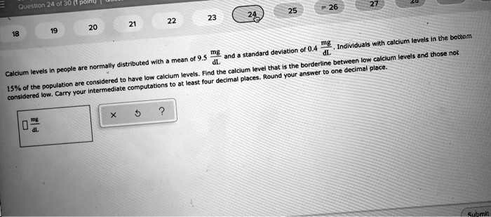 Calcium levels in people are normally distributed with a mean of 9.5 mg/dL and a standard deviation of 0.4 mg/dL. Individuals with calcium levels in the bottom 15% of the population are considered to have low calcium levels. Find the calcium level that is the borderline between low calcium levels and those not considered low. Carry your intermediate computations to at least four decimal places. Round your answer to one decimal place.