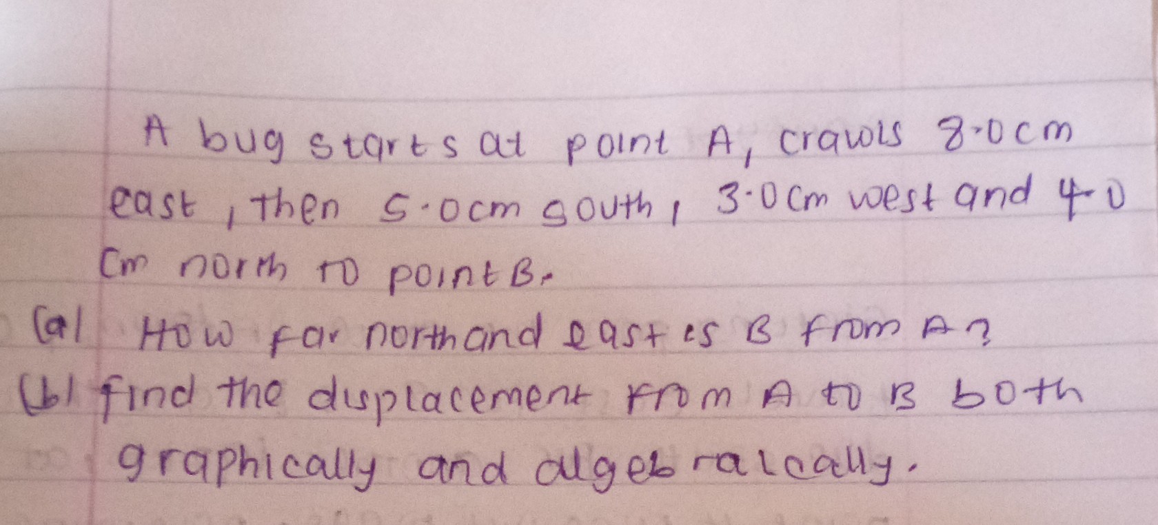 SOLVED: A bug starts at point A, crawls 8.0 cm east, then 5.0 cm south ...