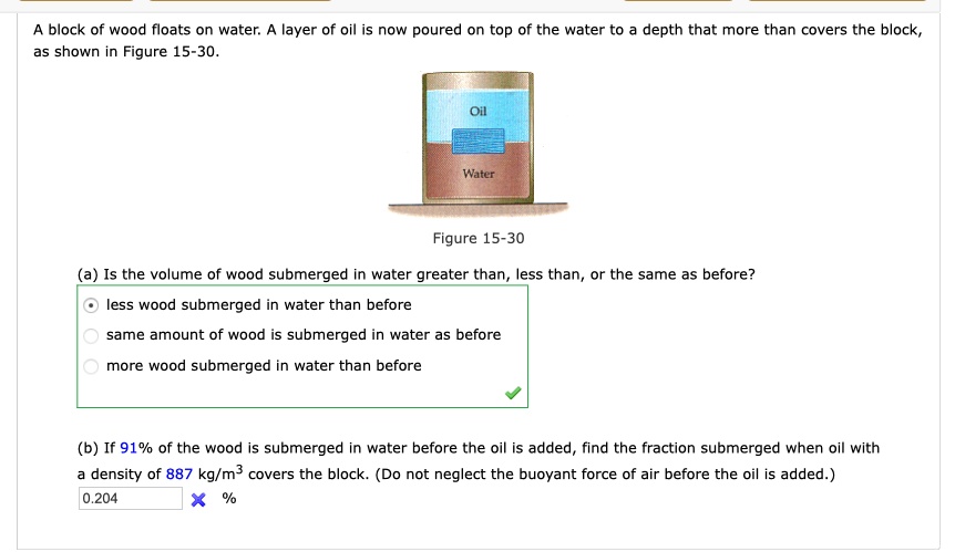 SOLVED: Block Of Wood Floats On Water: Layer F Oil Is Now Poured On Top ...