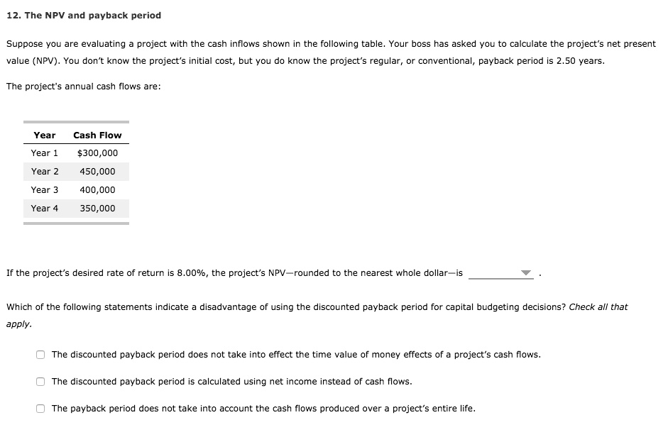 SOLVED 12. The NPV and payback period Suppose you are evaluating a