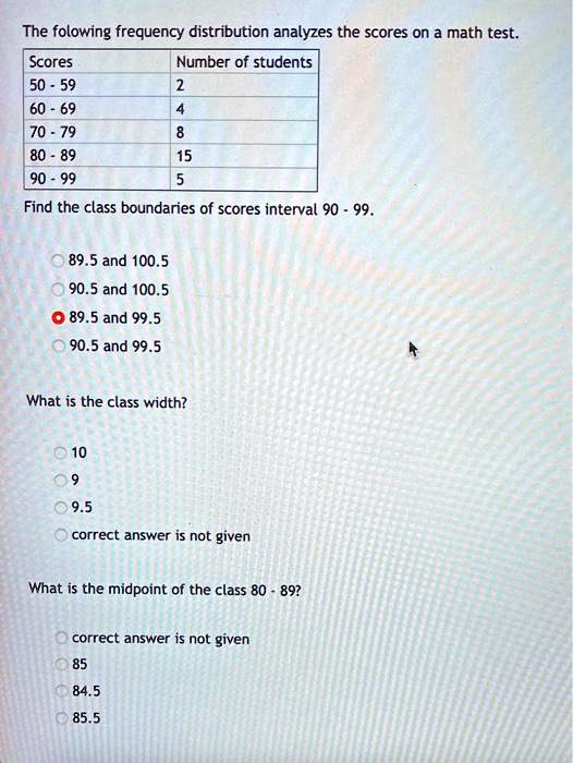 The folowing frequency distribution analyzes the scores on a math test.
Scores Number of students
50 - 59 2
60 - 69 4
70 - 79 8
80 - 89 15
90 - 99 5
Find the class boundaries of scores interval 90 - 99.
89.5 and 100.5
90.5 and 100.5
89.5 and 99.5
90.5 and 99.5
What is the class width?
10
9
9.5
correct answer is not given
What is the midpoint of the class 80 - 89?
correct answer is not given
85
84.5
85.5