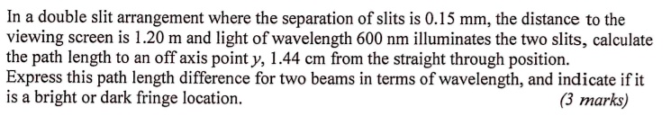 in a double slit arrangement where the separation of slits is 015 mm ...