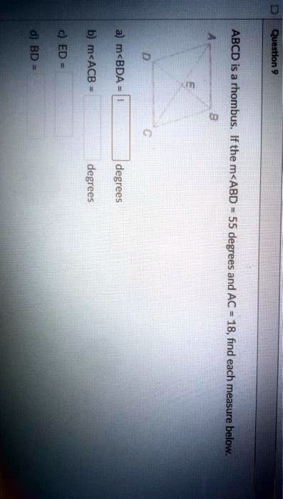 abcd 1 rhombus if the mabd 55 degrees and ac 18 find each measure olaq bd ed 8 n 66695