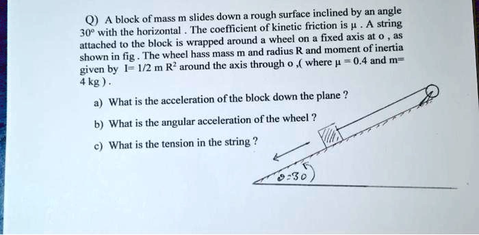 Q) A block of mass m slides down a rough surface inclined by an angle 30