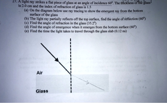 27. A light ray strikes a flat piece of glass at an angle of incidence 60º. The thickness of the glass
is 2.0 cm and the index of refraction of glass is 1.5
(a) On the diagram below use ray tracing to show the emergent ray from the bottom
surface of the glass
(b) The light ray partially reflects off the top surface, find the angle of reflection (60°)
(c) Find the angle of refraction in the glass (35.2°)
(d) Find the angle of emergence when it emerges from the bottom surface (60°)
(e) Find the time the light takes to travel through the glass slab (0.12 ns)
Air
Glass