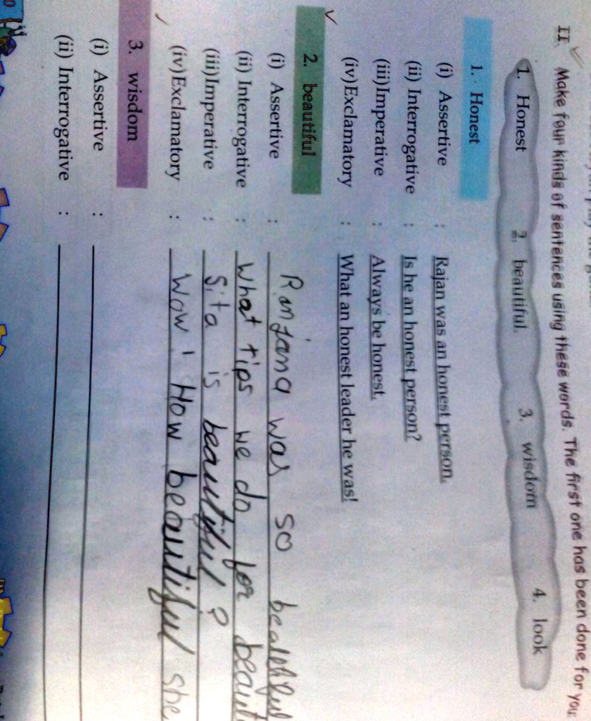 make 4 kinds of sentences using these words the first has been done for