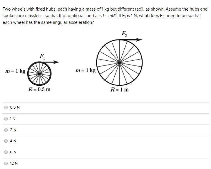 Two wheels with fixed hubs, each having a mass of 1 kg but different radii, as shown. Assume the hubs and spokes are massless, so that the rotational inertia is I = mR^2. If F1 is 1 N, what does F2 need to be so that each wheel has the same angular acceleration?