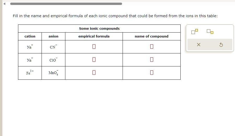 SOLVED Texts Fill in the name and empirical formula of each ionic