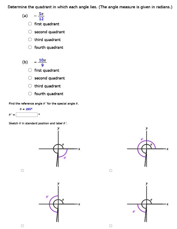 determine the quadrant in which each angle lies the angle measure is ...