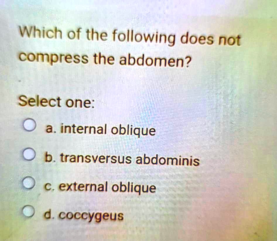 Which of the following does not
compress the abdomen?
Select one:
a. internal oblique
b. transversus abdominis
c. external oblique
d. coccygeus