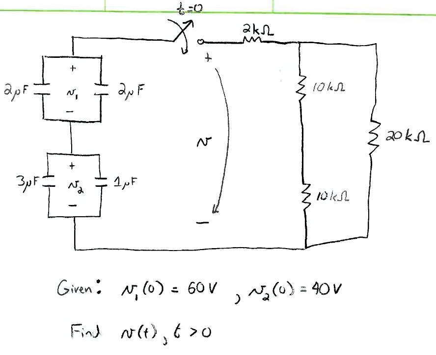 2pF
t=0
2kΩ+
+
2μF
-
+
3μF
1μF
-
N
10kΩ10kΩGiven: v1(0) = 60V, v2(0) = 40V
Find v(t), t>0
20kΩ
