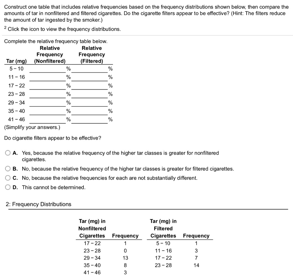 Construct one table that includes relative frequencies based on the