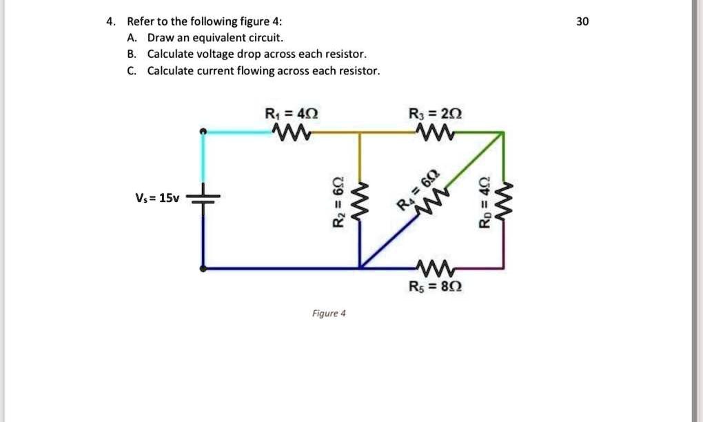 4. Refer to the following figure 4:
A. Draw an equivalent circuit.
B. Calculate voltage drop across each resistor.
C. Calculate current flowing across each resistor.

Vs = 15v
R1 = 4?
R2 = 6?
R3 = 2?
R4 = 6?
R5 = 8?
RD = 4?

Figure 4