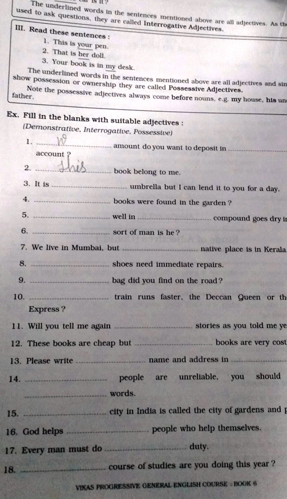 fill in the blanks with suitable adjective demonstrative interrogative possessive 11437
