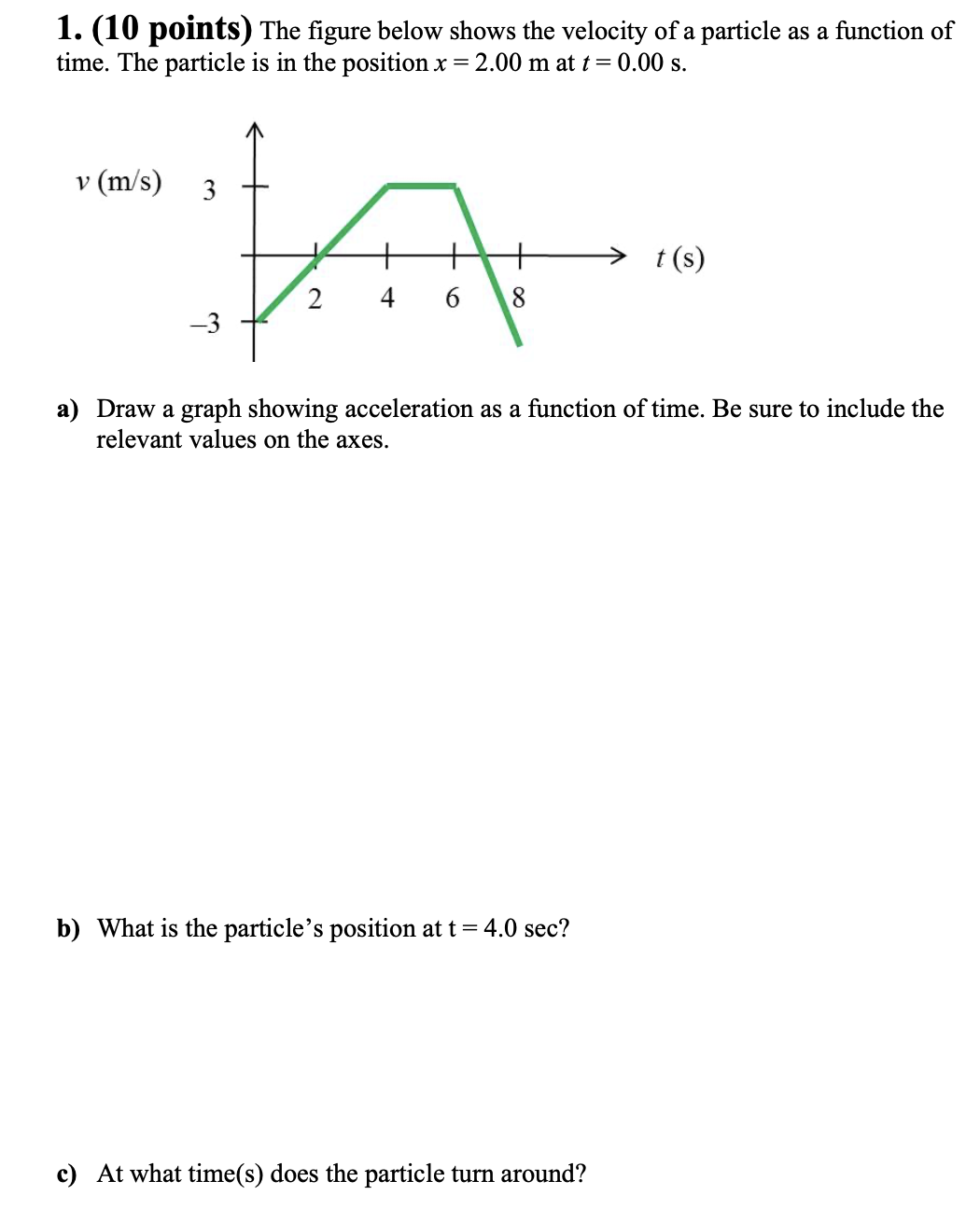 1. (10 points) The figure below shows the velocity of a particle as a ...
