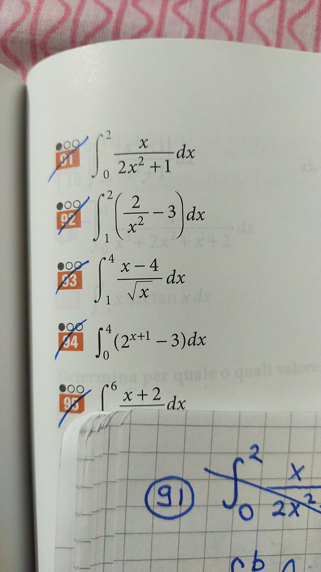 
    ∫0^2(x)/(2 x^2+1) d x 
        ∫1^2((2)/(x^2)-3) d x 
        ∫1^4(2^x+1-3) d x 
        ∫^6 x+2
