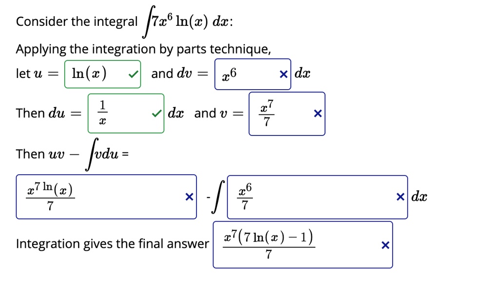 Consider the integral ? 7x^6 ln(x) dx: Applying the integration by parts technique, let u = ln(x) and dv = x^6 dx Then du = 1/x dx and v = x^7/7 Then uv - ? vdu = (x^7 ln(x))/7 - ? x^6/7 dx Integration gives the final answer (x^7 (7 ln(x) - 1))/7