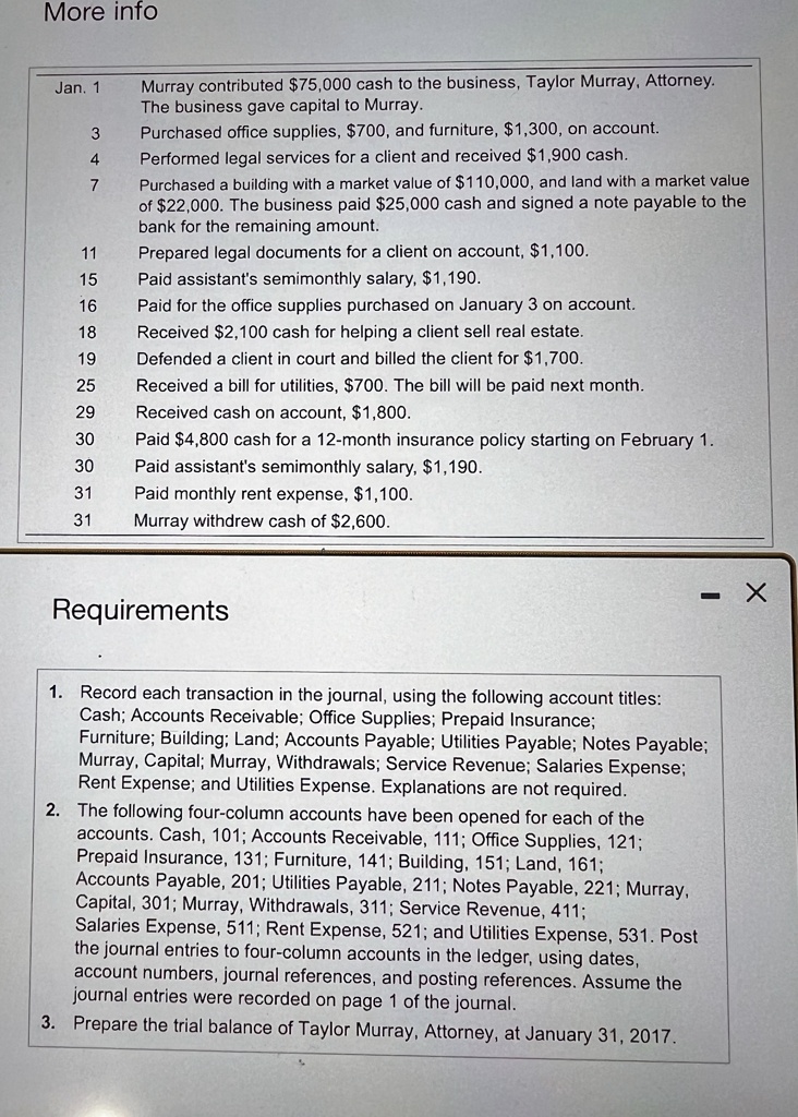 jan 1 murray contributed 75000 cash to the business taylor murray attorney the business gave capital to murray 3 purchased office supplies 700 and furniture 1300 on account 4 performed legal 70245