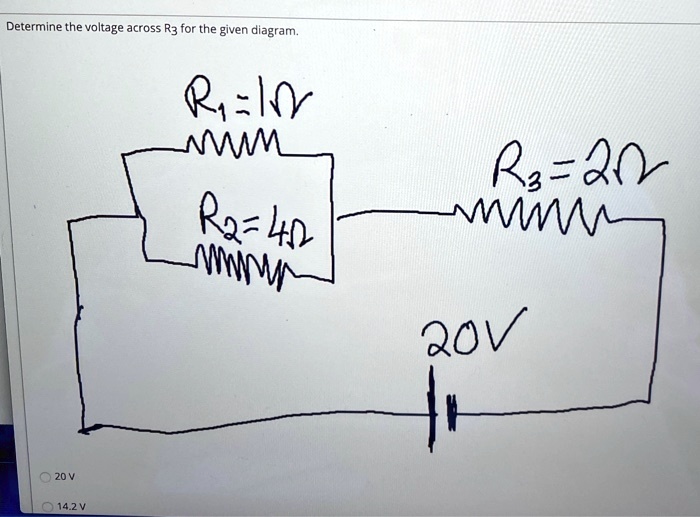 Determine the voltage across R3 for the given diagram.
R1 = 1 ?
R2 = 4 ?
R3 = 2 ?
20V
20 V
14.2 V