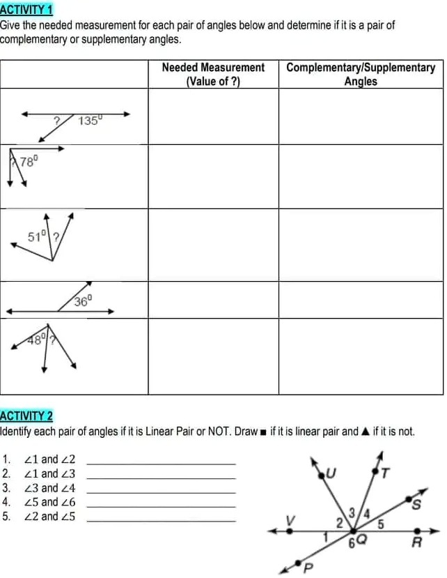 Complementary And Supplementary Angles Worksheet Grade 7