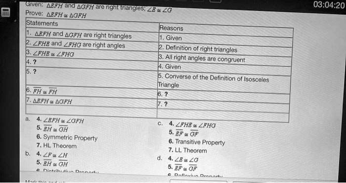 given aefh and agfh are nghl inanges  prove 2220 afhaagfh statements reasons aerh and agfh are right trlangles given e zfhe and lehgare right angles definition lrhea right triangles zfkg al 58964