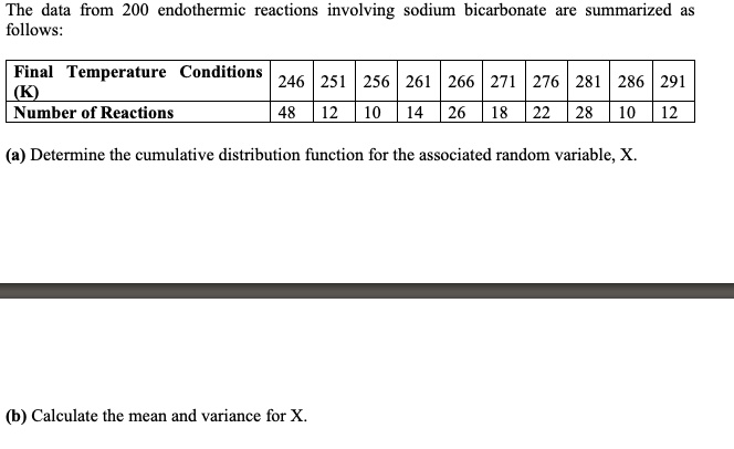 The data from 200 endothermic reactions involving sodium bicarbonate are summarized as
follows:
Final Temperature Conditions
(K)
Number of Reactions
246 251 256 261 266 271 276 281 286 291
48 12 10 14 26 18 22 28 10 12
(a) Determine the cumulative distribution function for the associated random variable, X.
(b) Calculate the mean and variance for X.