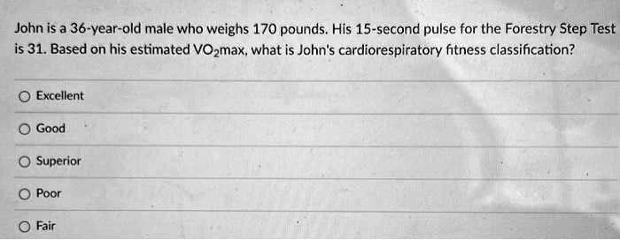 SOLVED: John is a 36-year-old male who weighs 170 pounds. His 15-second ...