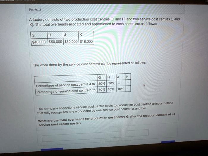 SOLVED A factory consists of two production cost centres (G and H) and