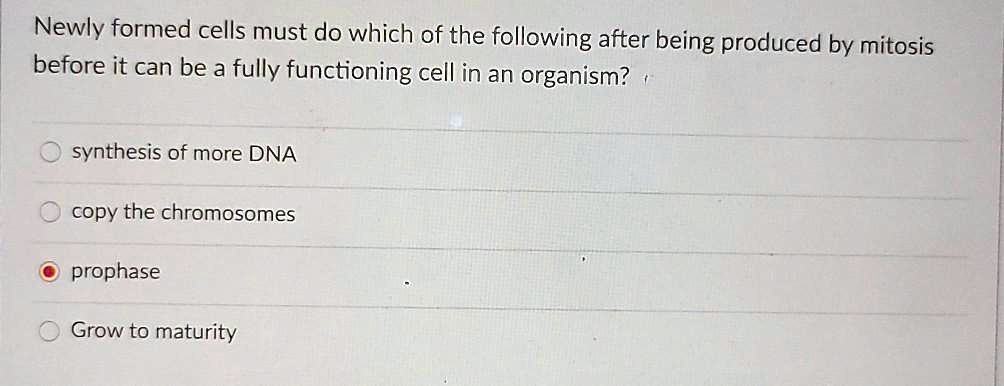 Newly formed cells must do which of the following after being produced by mitosis before it can be a fully functioning cell in an organism?
synthesis of more DNA
copy the chromosomes
prophase
Grow to maturity