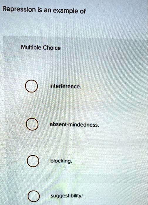 Repression is an example of
Multiple Choice
interference.
absent-mindedness.
blocking.
suggestibility.
