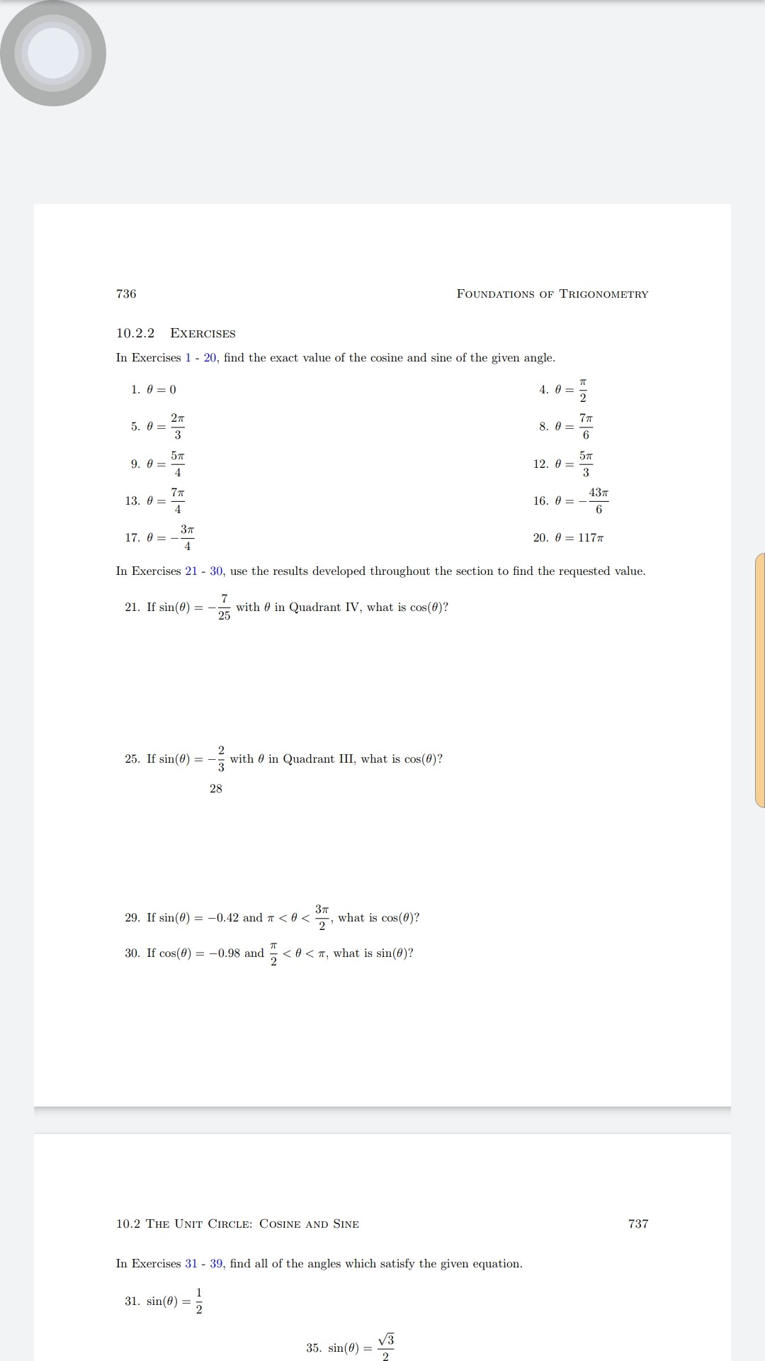 SOLVED: 736 Foundations of Trigonometry 10.2.2 EXERCISES In Exercises 1 ...