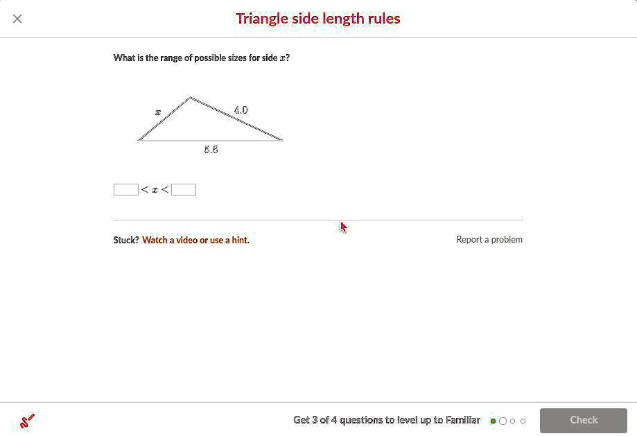 SOLVED 'What range of possible sizes for side x? Give the correct