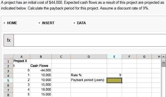 A project has an initial cost of 44,000. Expected cash flows as a result of this project are projected as indicated below. Calculate the payback period for this project. Assume a discount rate of 9%.

Project X
t Cash Flows
0 -44,000
1 10,000
2 10,000
3 15,000
4 18,000
5 15,000

Rate %: 9
Payback period (years):