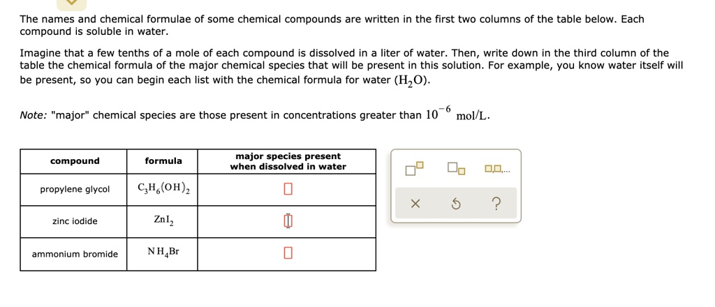 Solved:the Names And Chemical Formulae Of Some Chemical Compounds Are Written In The First Two Columns Of The Table Below. Each Compound Is Soluble In Water. Imagine That Few Tenths Of Mole