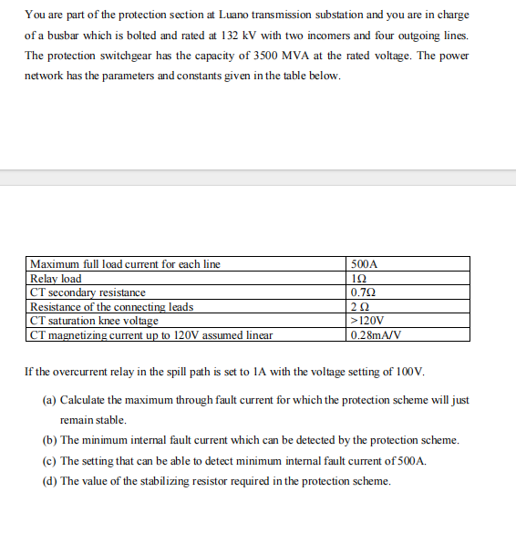 You are part of the protection section at Luano transmission substation and you are in charge of a busbar which is bolted and rated at 132 kV with two incomers and four outgoing lines. The protection switchgear has the capacity of 3500 MVA at the rated voltage. The power network has the parameters and constants given in the table below.
egintabular|l|l|
hline Maximum full load current for each line     500A hline Relay load     ( 1 Omega ) hline CT secondary resistance     ( 0.7 Omega ) hline Resistance of the connecting leads     ( 2 Omega ) hline CT saturation knee voltage     ( >120 mathrm V ) hline CT magnetizing current up to 120 V assumed linear     ( 0.28 mathrm mA / mathrmV ) hline
endtabular

If the overcurrent relay in the spill path is set to 1 A with the voltage setting of 100 V .
(a) Calculate the maximum through fault current for which the protection scheme will just remain stable.
(b) The minimum internal fault current which can be detected by the protection scheme.
(c) The setting that can be able to detect minimum internal fault current of 500 A .
(d) The value of the stabilizing resistor required in the protection scheme.