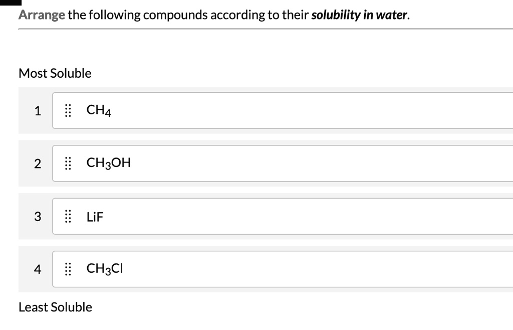 Which Of The Following Compounds Is Soluble In Water SOLVED: Arrange the following compounds according to their solubility