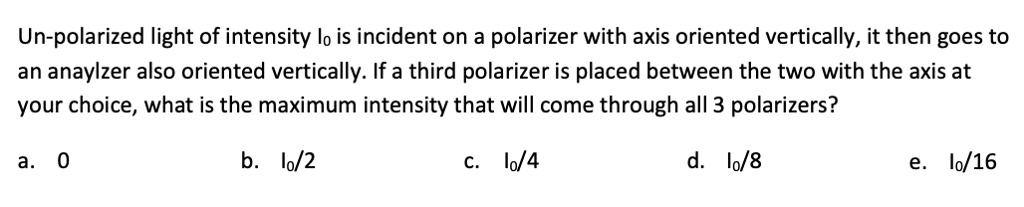 SOLVED: Unpolarized light of intensity lo is incident on a polarizer ...