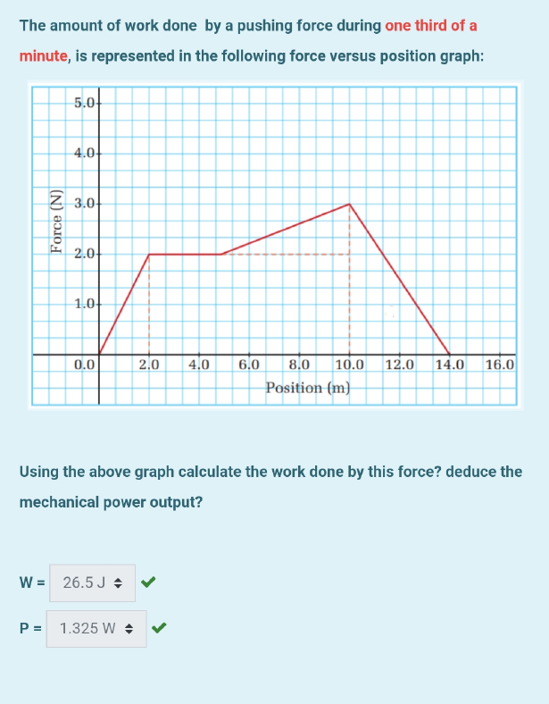The amount of work done by a pushing force during one third of a minute, is represented in the following force versus position graph:
Using the above graph calculate the work done by this force? deduce the mechanical power output?
W = 26.5 J
P = 1.325 W