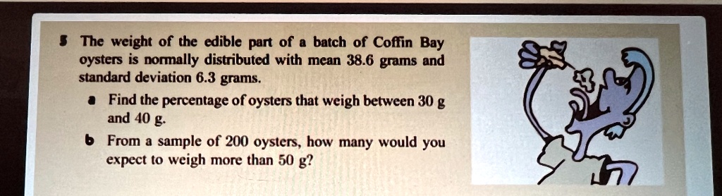 5 The weight of the edible part of a batch of Coffin Bay oysters is normally distributed with mean 38.6 grams and standard deviation 6.3 grams.
a Find the percentage of oysters that weigh between 30 g and 40 g.
b From a sample of 200 oysters, how many would you expect to weigh more than 50 g?